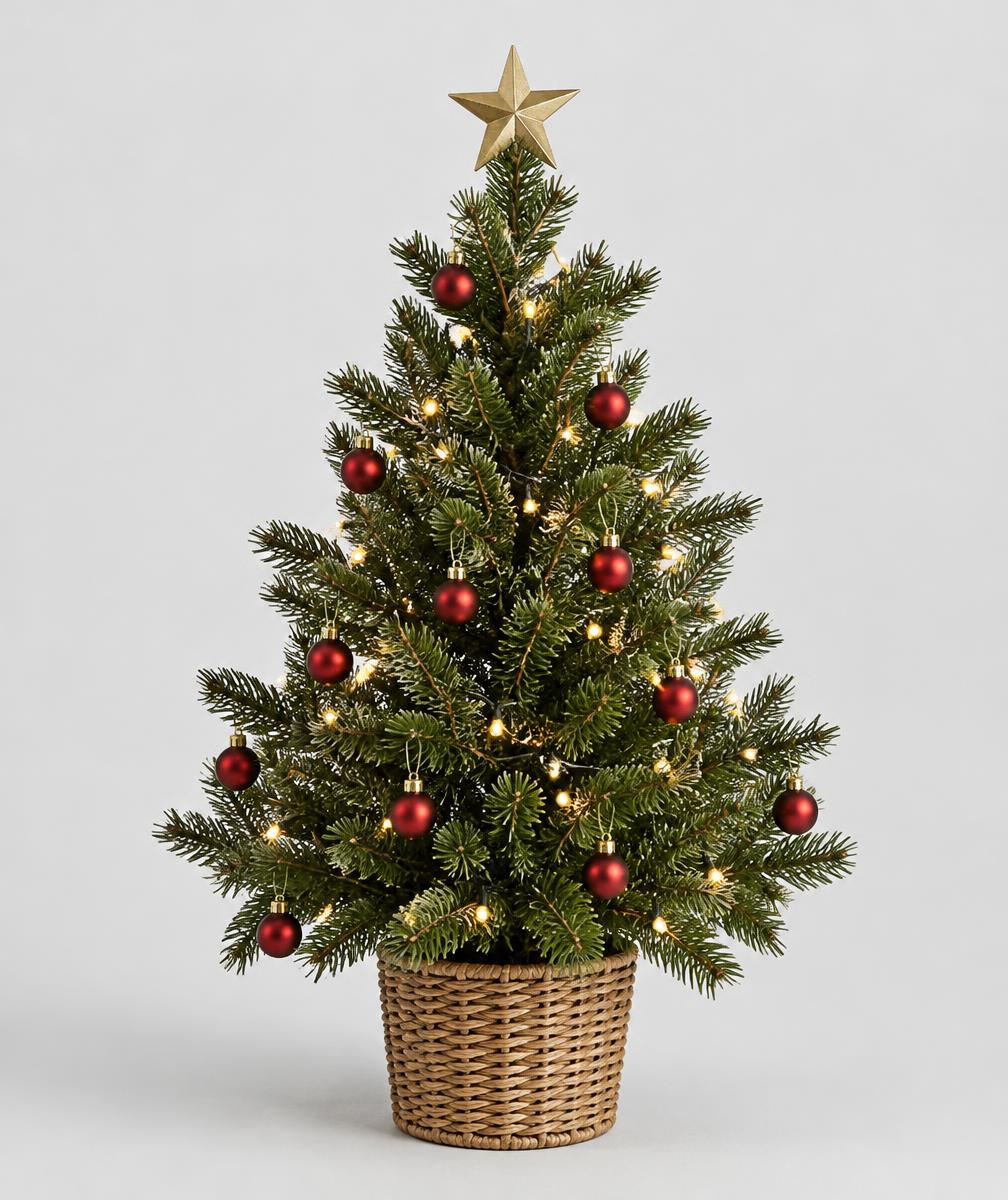 Árbol de Navidad de mesa con esferas rojas, luces cálidas, estrella dorada y base tejida